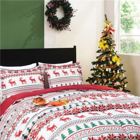 King Size Comforter Set with Christmas Reindeer Snowflake Patterns, 3-Piece Set - Picture 6 of 7